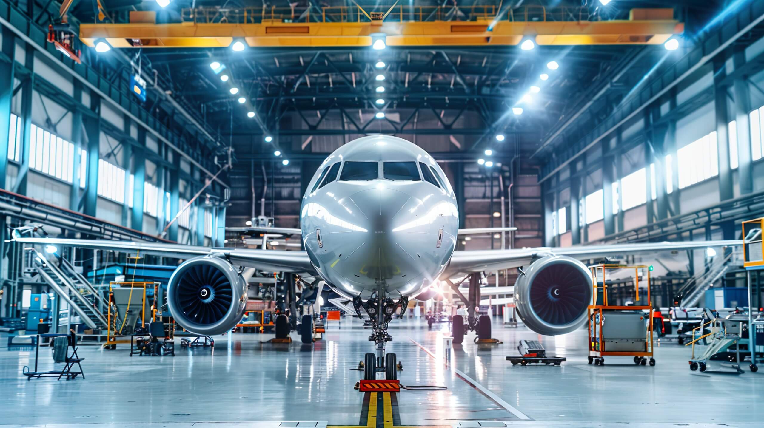 Aircraft inside an aerospace and defense facility