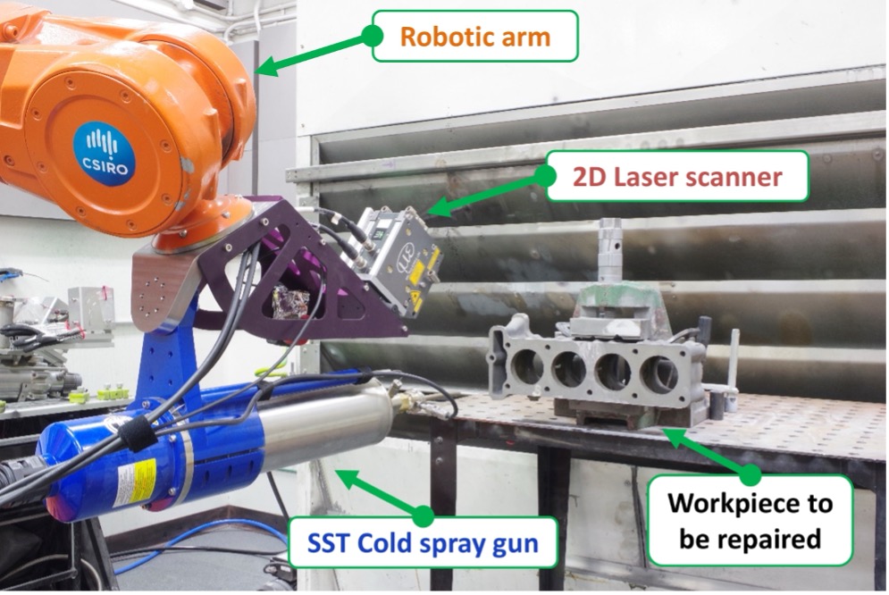 Robotic arm, laser scanner and SST cold spray gun positioned near a component for repair