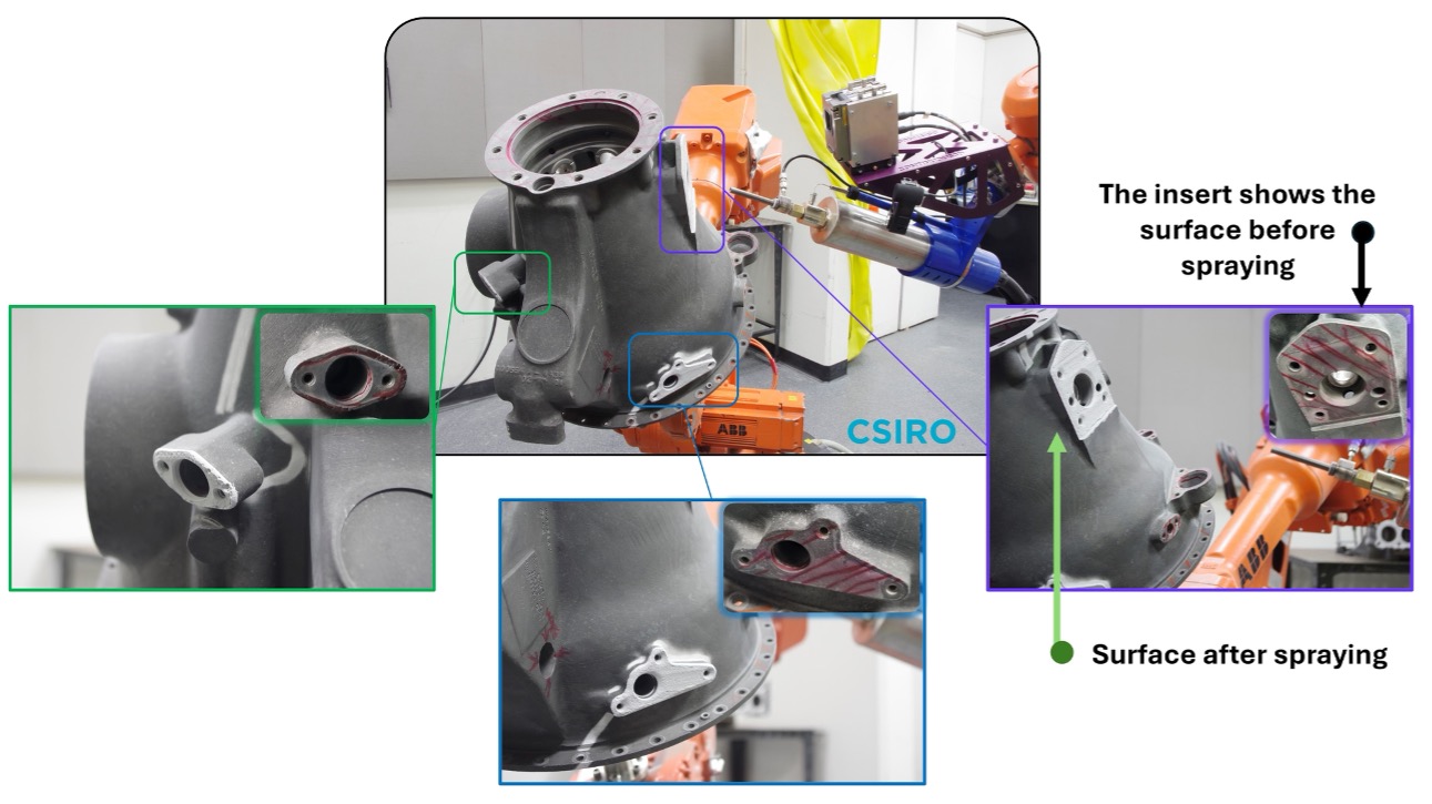 Before and after views of component surfaces restored through robotic cold spray